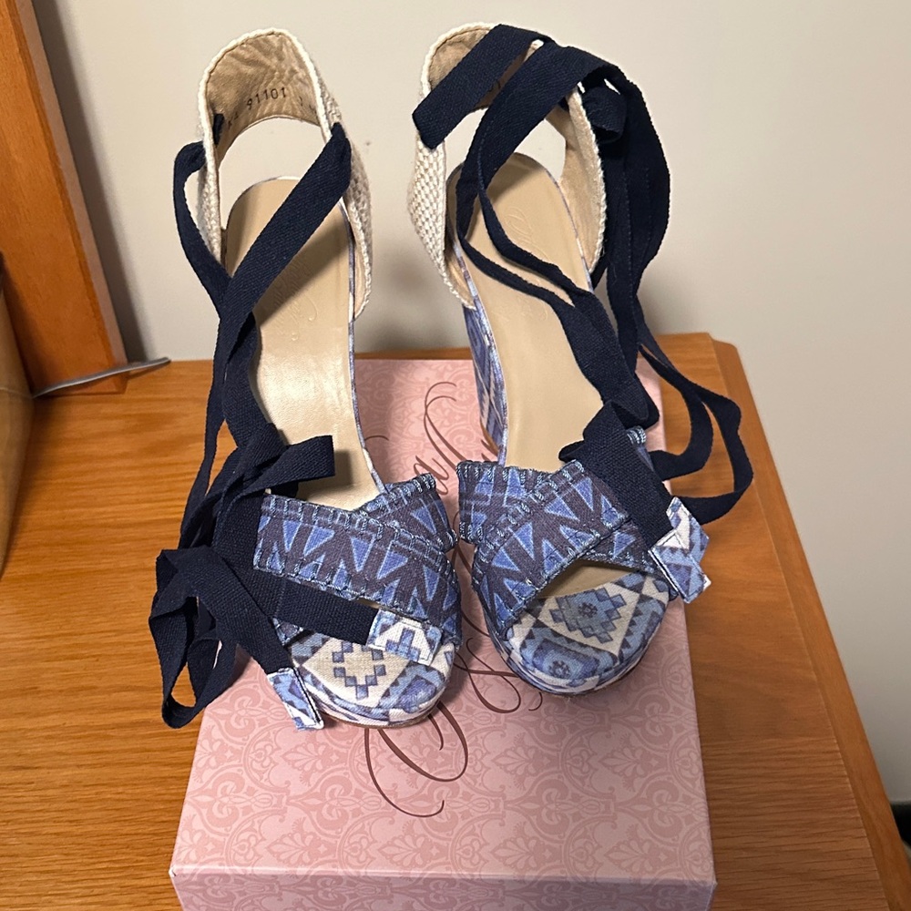 Theodora & Callum Blue Patterned Lace-Up Wedge Sandals